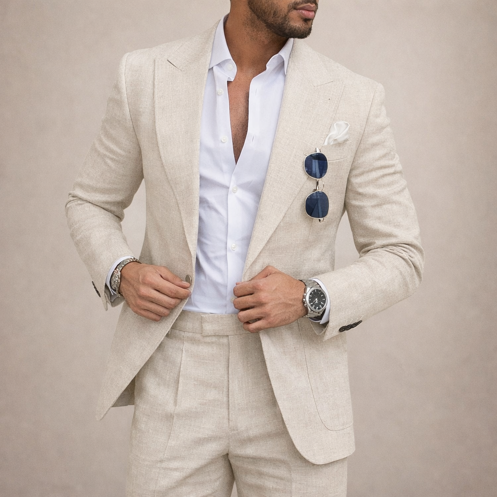 A light and breathable outfit for weddings and the beach – a two-piece linen suit for men