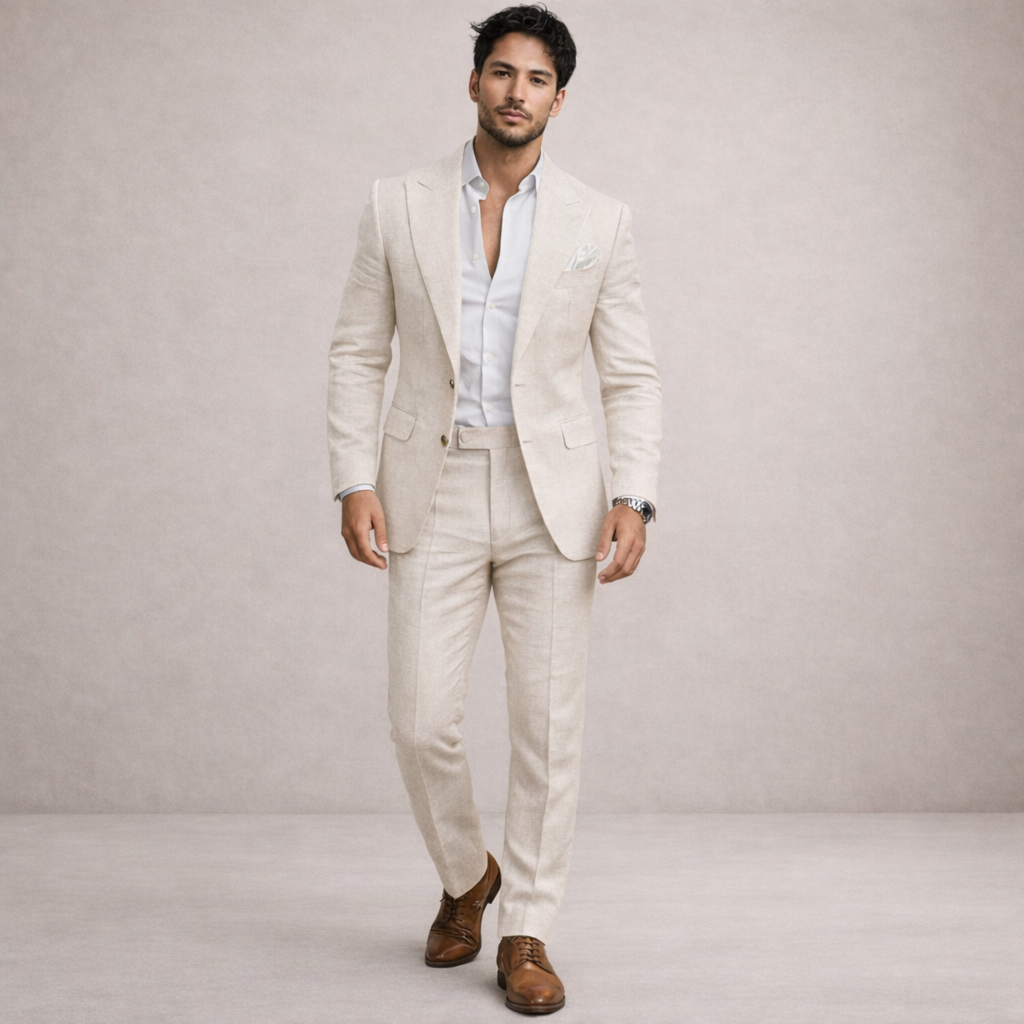 A light and breathable outfit for weddings and the beach – a two-piece linen suit for men