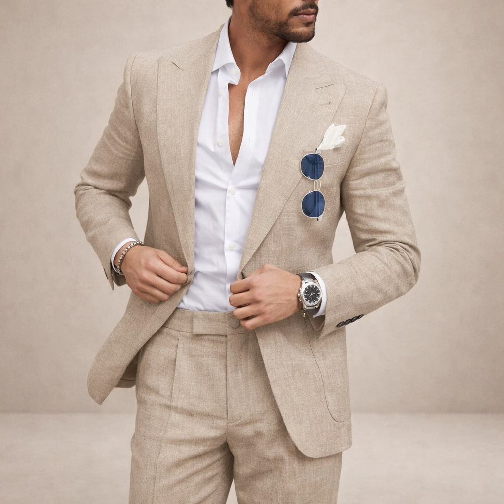 A light and breathable outfit for weddings and the beach – a two-piece linen suit for men