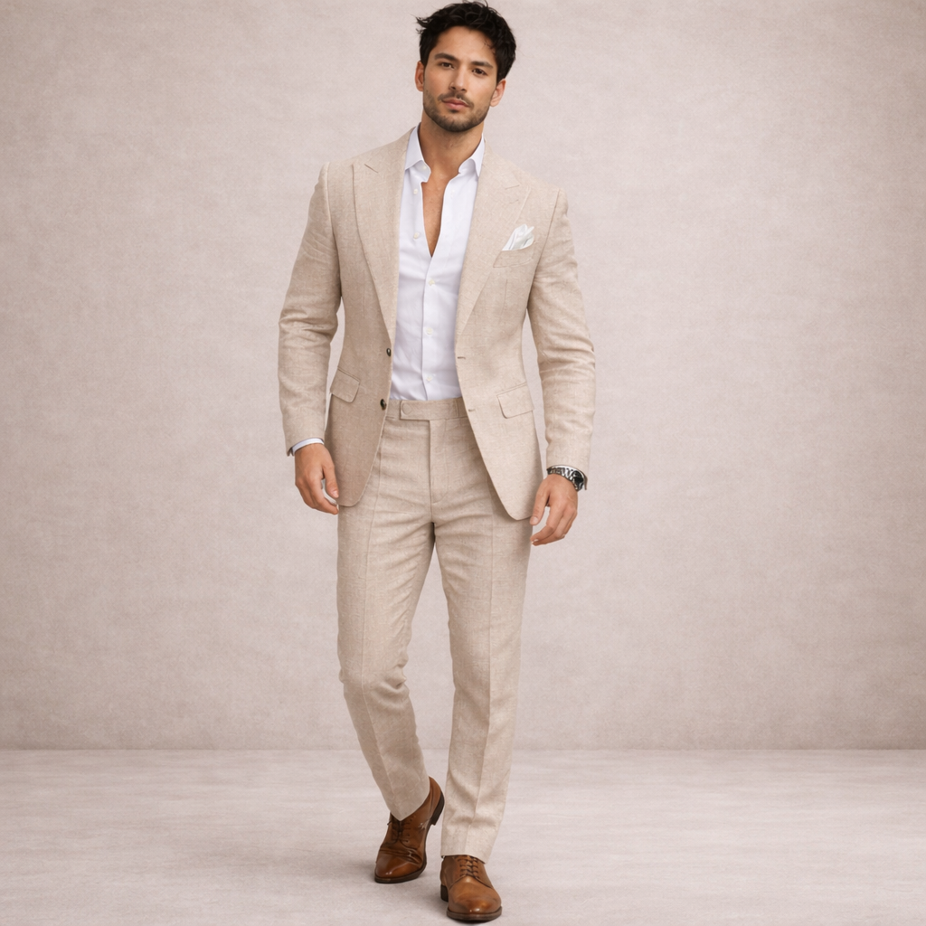 A light and breathable outfit for weddings and the beach – a two-piece linen suit for men