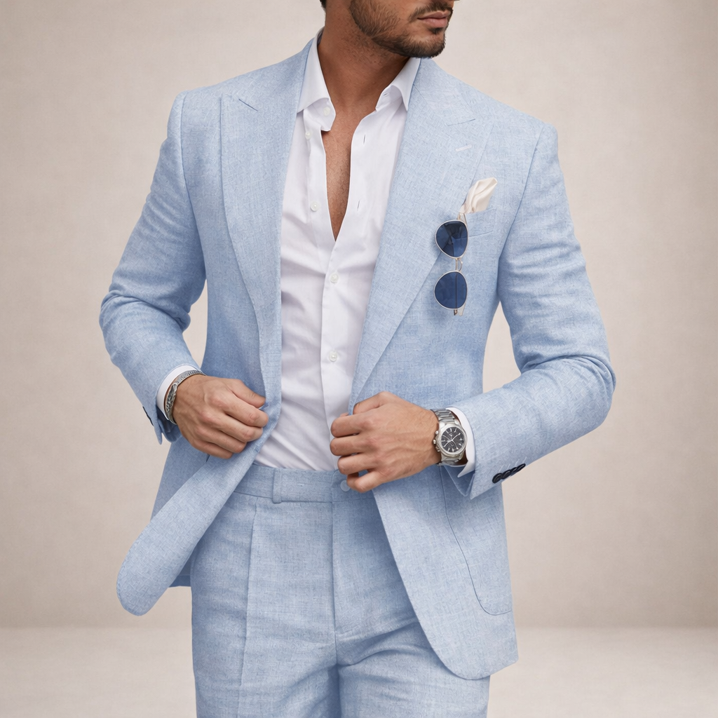 A light and breathable outfit for weddings and the beach – a two-piece linen suit for men