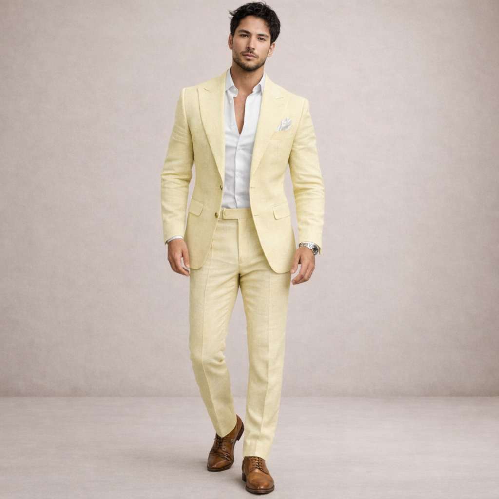 A light and breathable outfit for weddings and the beach – a two-piece linen suit for men