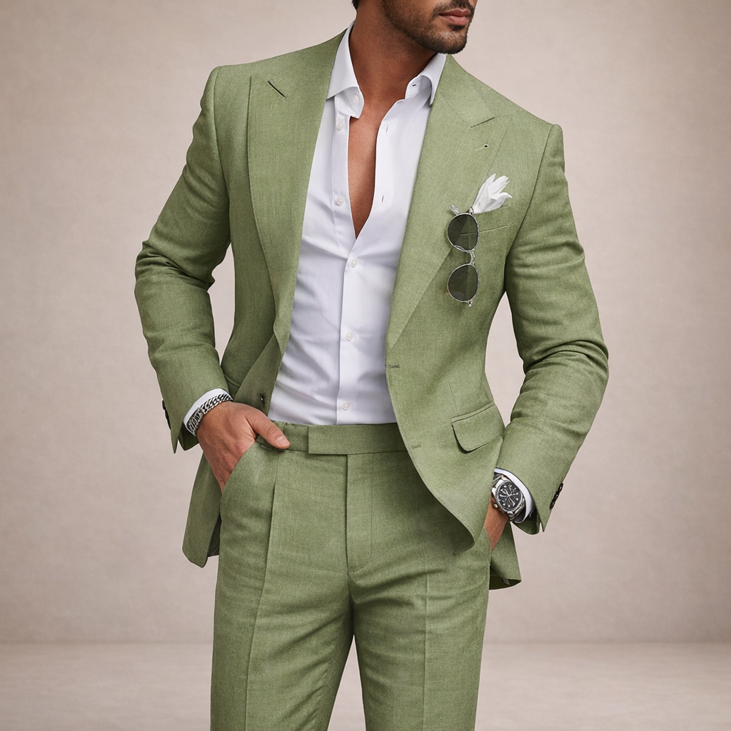 A light and breathable outfit for weddings and the beach – a two-piece linen suit for men