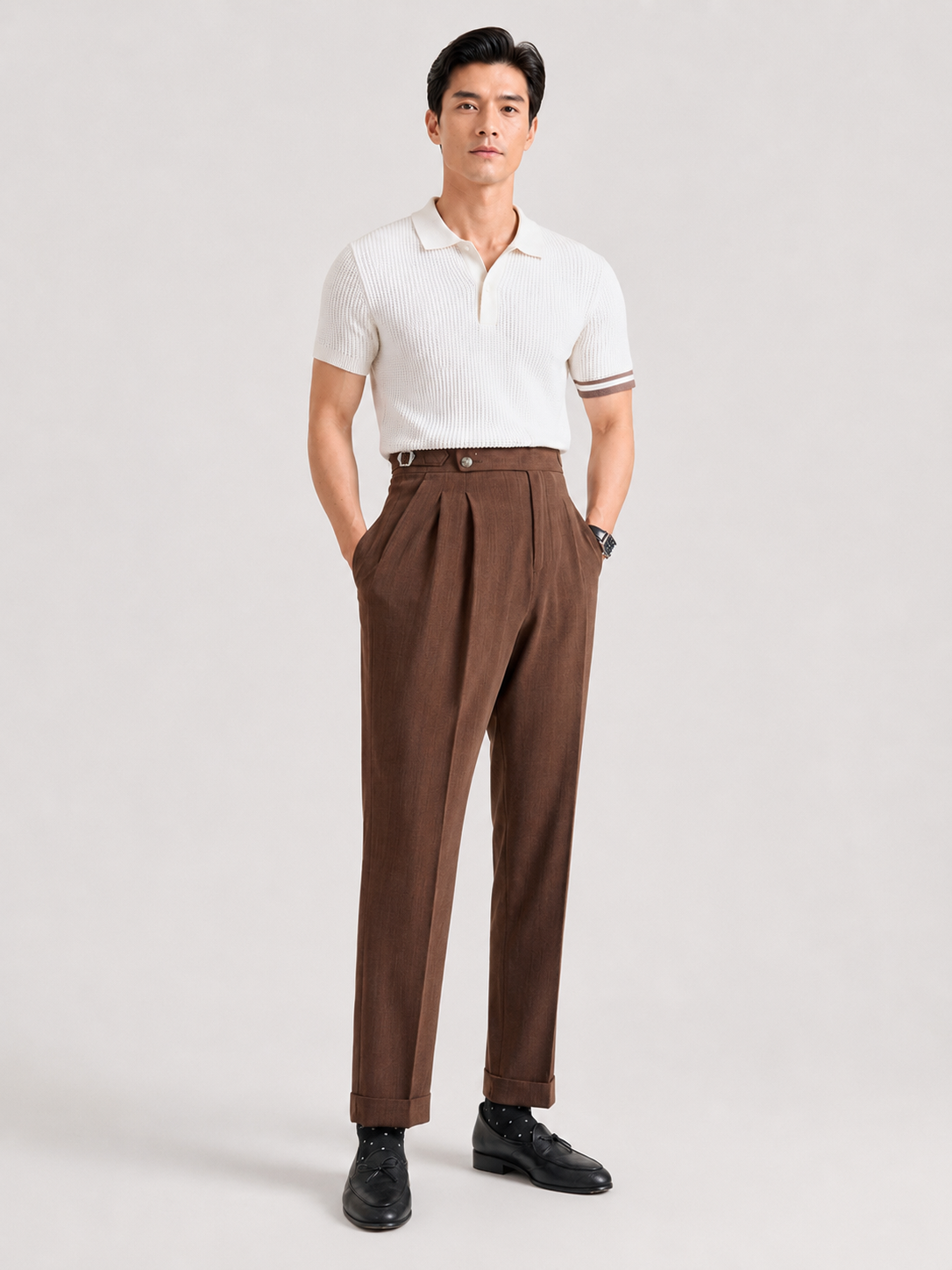 Drevarin – Brown Pleated Trousers with Side Adjusters