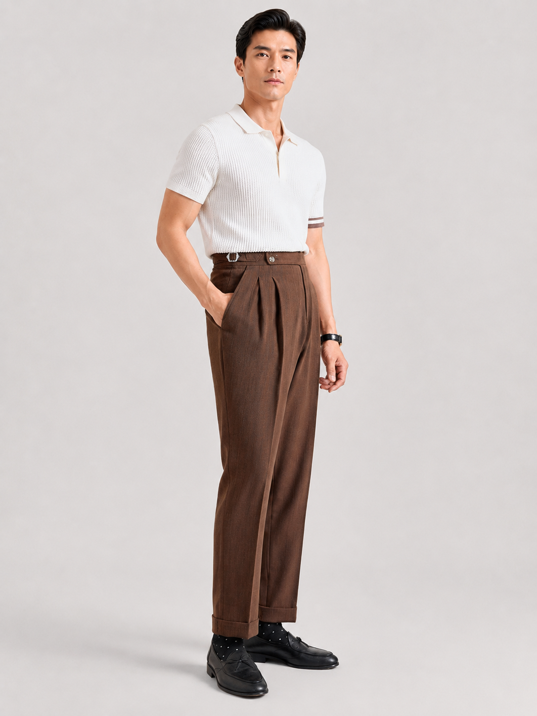 Drevarin – Brown Pleated Trousers with Side Adjusters