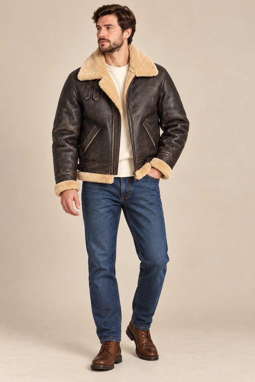 Men’s Genuine Sheepskin Shearling Moto Jacket with Wool Lining