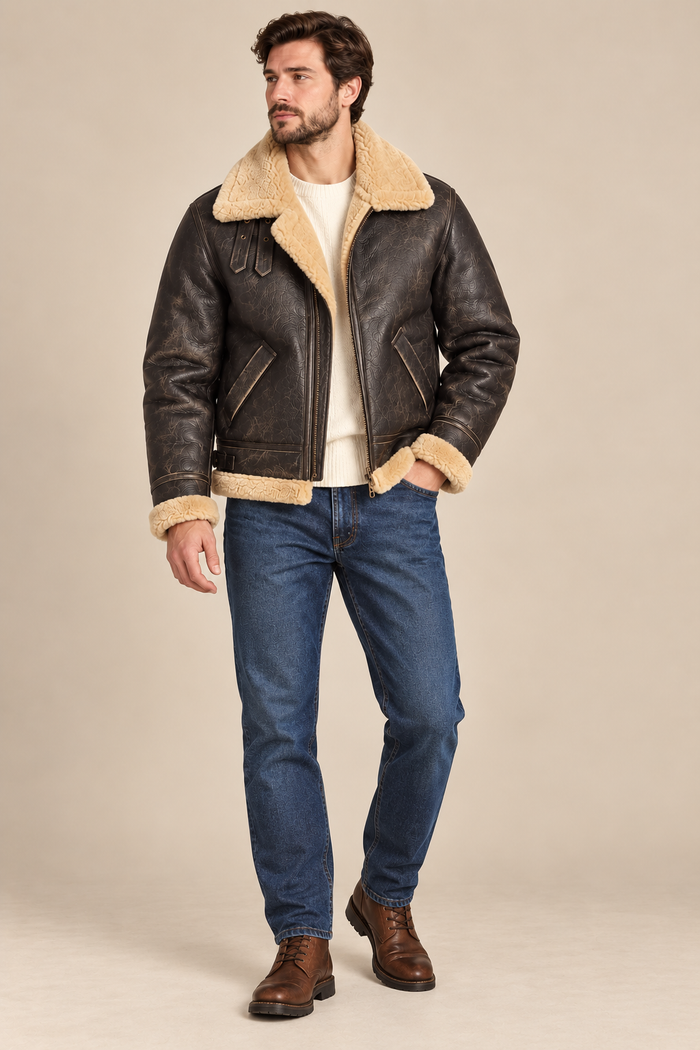Men’s Genuine Sheepskin Shearling Moto Jacket with Wool Lining