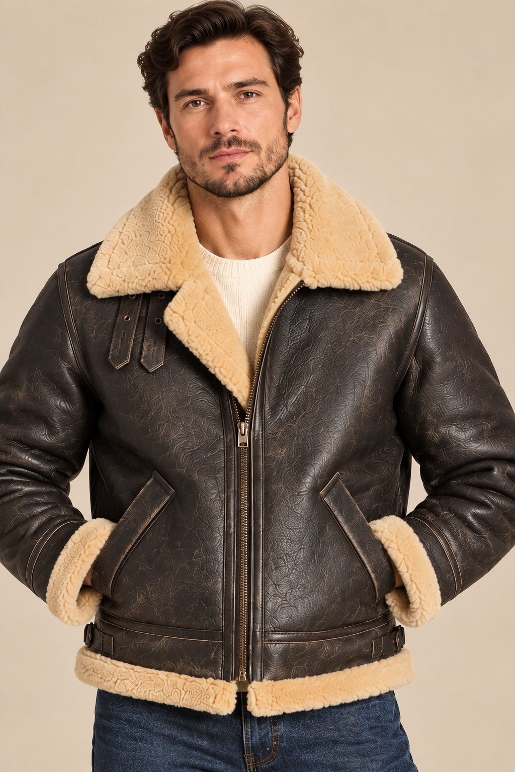 Men’s Genuine Sheepskin Shearling Moto Jacket with Wool Lining