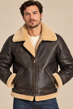 Men’s Genuine Sheepskin Shearling Moto Jacket with Wool Lining