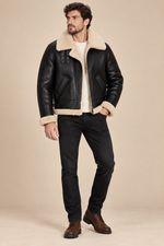 Men’s Genuine Sheepskin Shearling Moto Jacket with Wool Lining