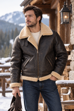 Men’s Genuine Sheepskin Shearling Moto Jacket with Wool Lining