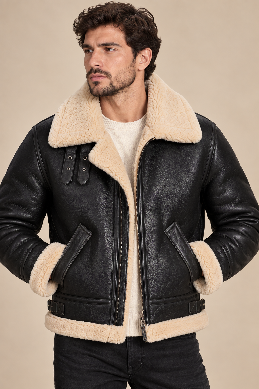Men’s Genuine Sheepskin Shearling Moto Jacket with Wool Lining
