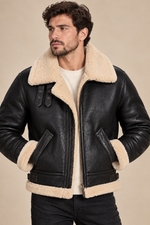 Men’s Genuine Sheepskin Shearling Moto Jacket with Wool Lining
