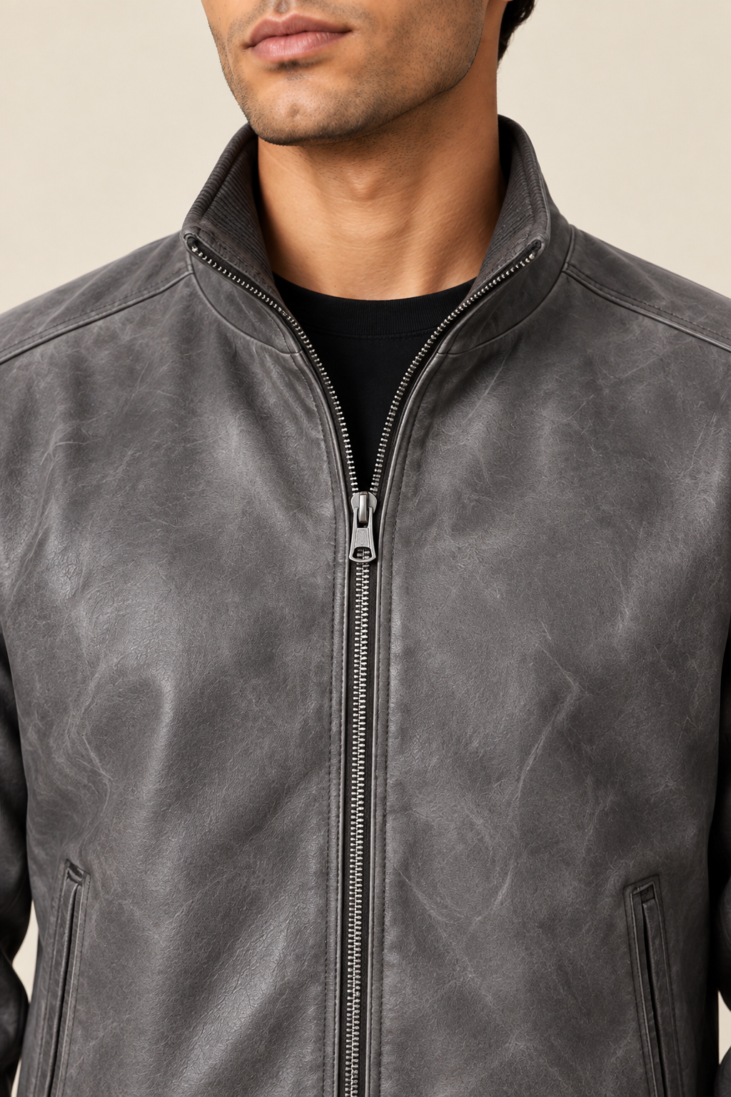 Men’s genuine Leather Bomber Jacket with Stand Collar