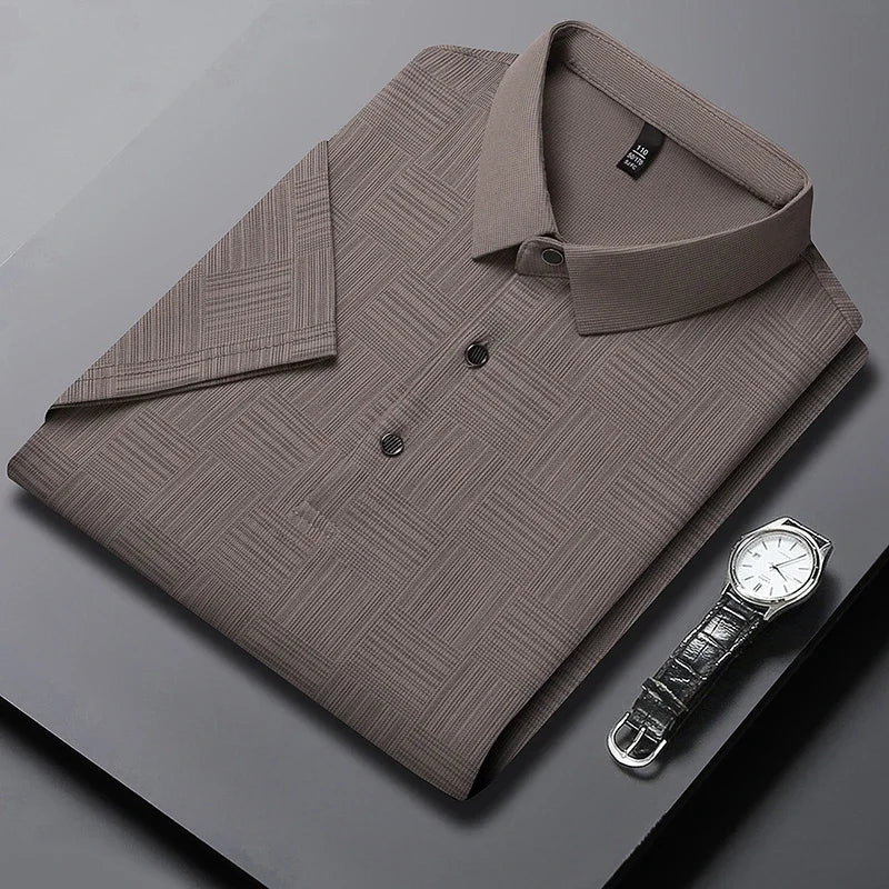 Men's Knitted Polo Shirt with Geometric Pattern and Short Sleeves