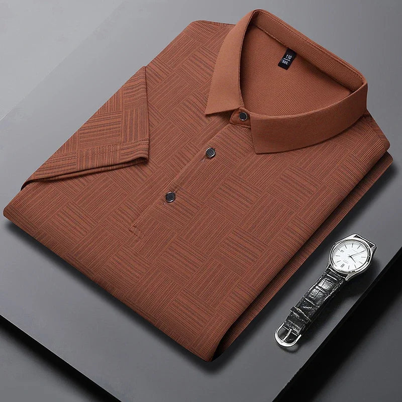 Men's Knitted Polo Shirt with Geometric Pattern and Short Sleeves