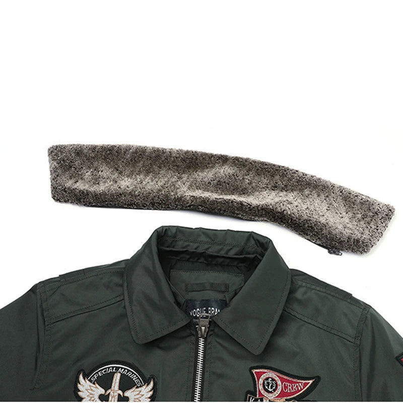 Men’s Padded Aviator Bomber Jacket with Patches and Contrast Collar