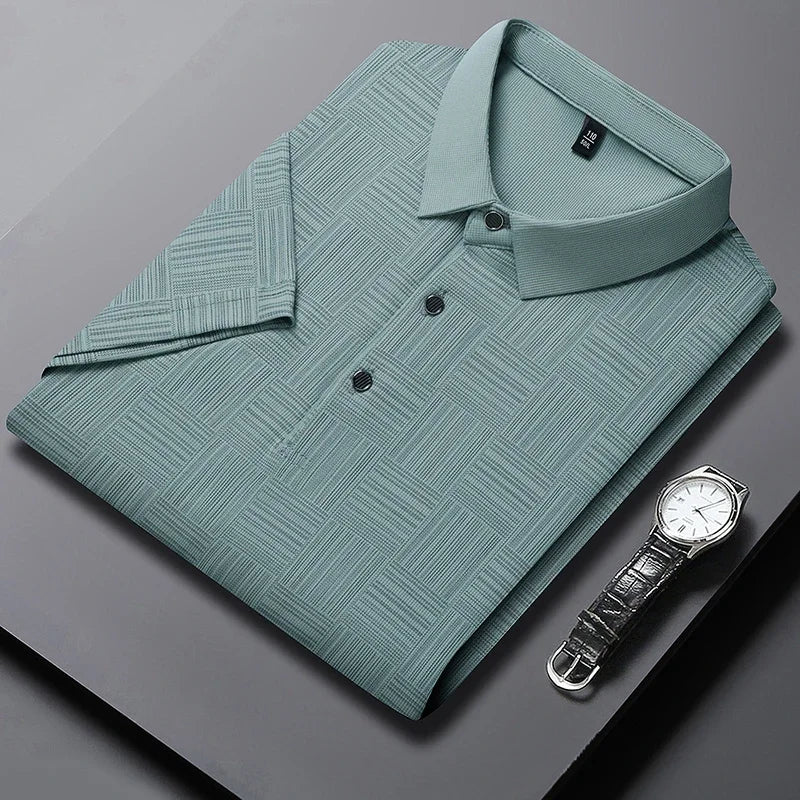 Men's Knitted Polo Shirt with Geometric Pattern and Short Sleeves