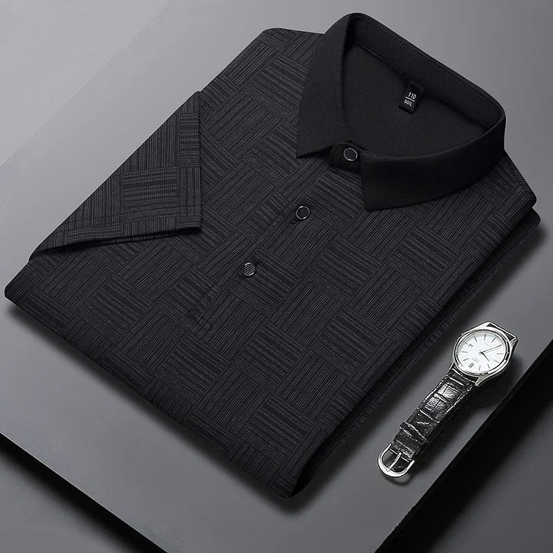 Men's Knitted Polo Shirt with Geometric Pattern and Short Sleeves