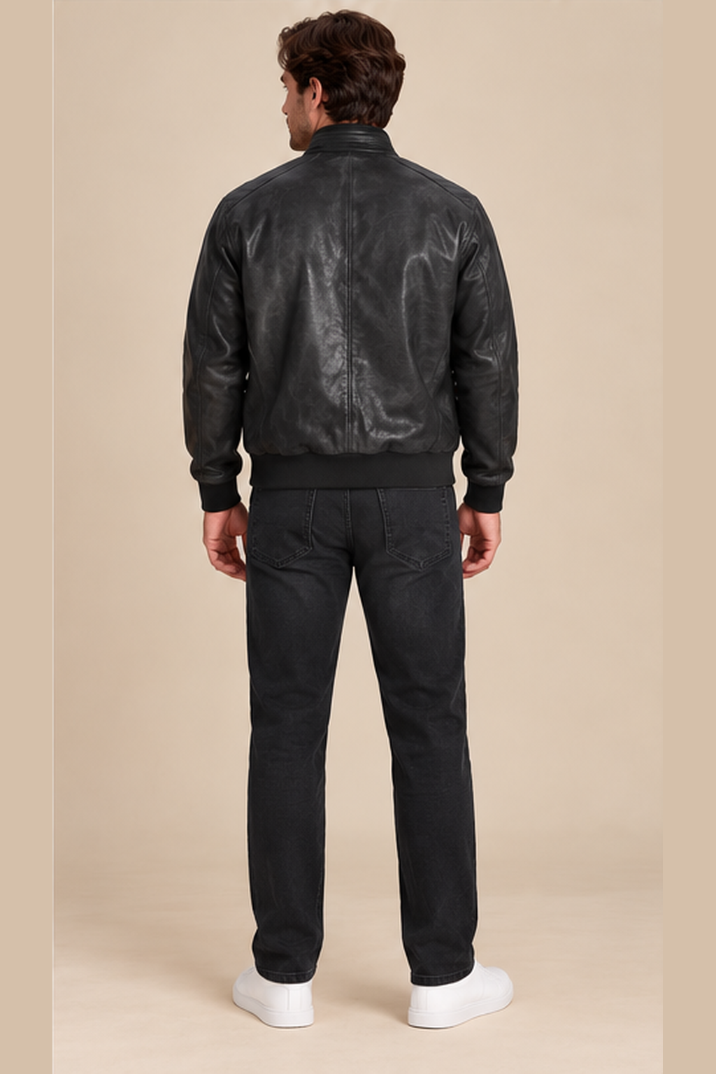 Men’s genuine Leather Bomber Jacket with Stand Collar