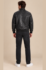 Men’s genuine Leather Bomber Jacket with Stand Collar