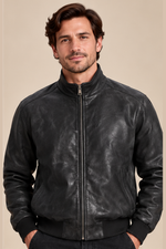 Men’s genuine Leather Bomber Jacket with Stand Collar