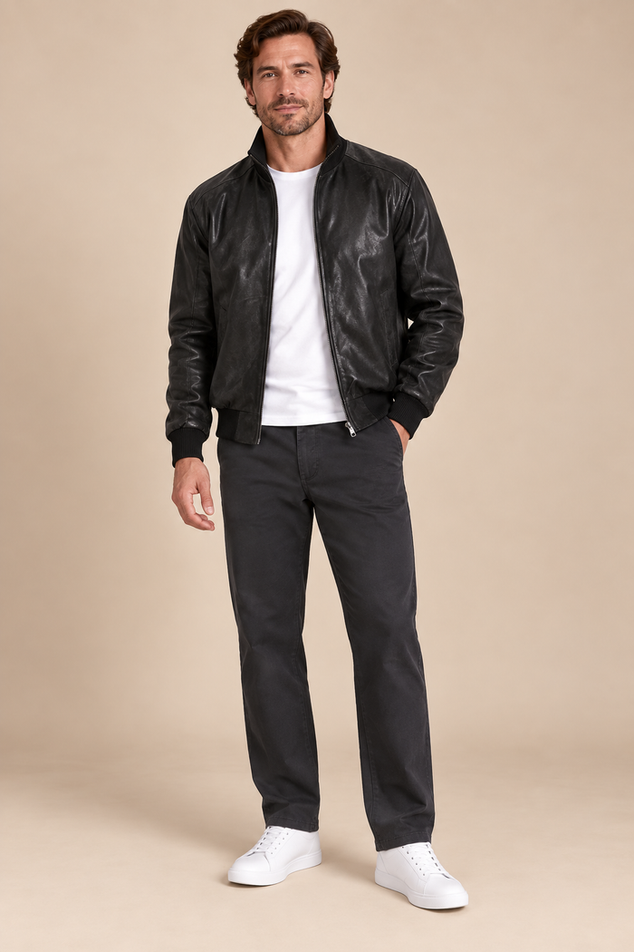 Men’s genuine Leather Bomber Jacket with Stand Collar