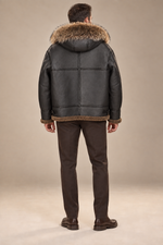 Men’s Sheepskin Shearling Aviator Jacket with Fur-Trimmed Hood
