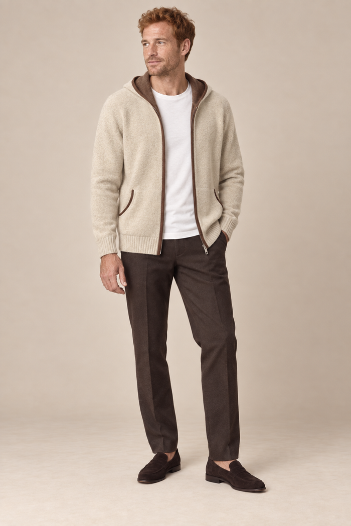Men’s 100% Cashmere Full-Zip Hoodie with Contrast Trim