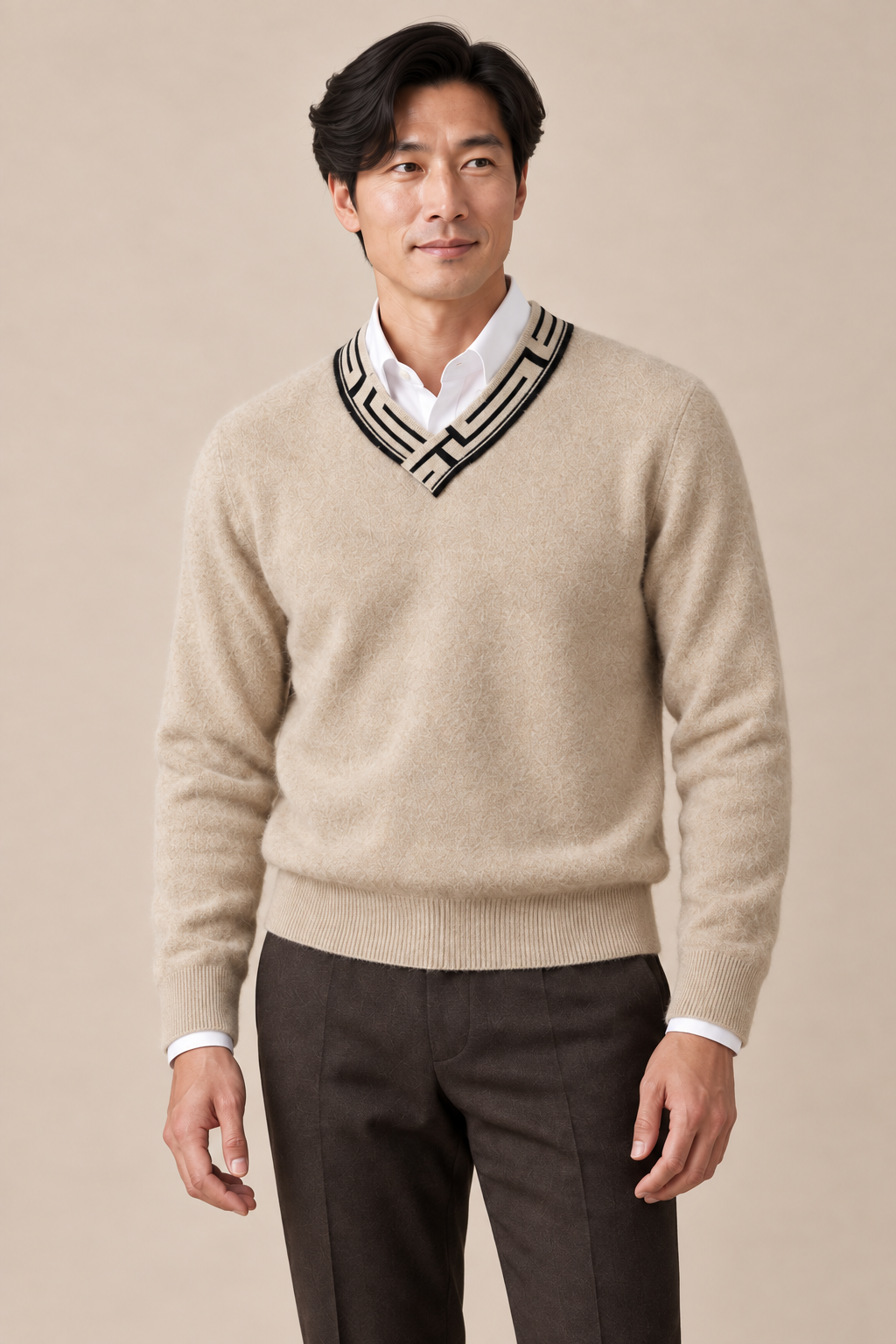 Men’s 100% Cashmere V-Neck Jumper with Contrast Trim