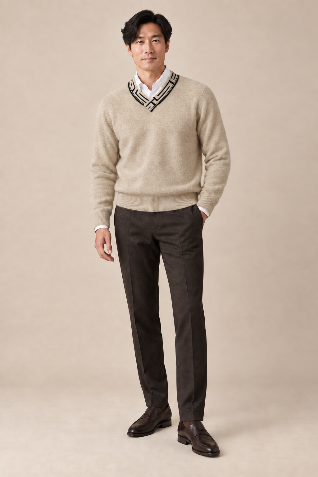 Men’s 100% Cashmere V-Neck Jumper with Contrast Trim