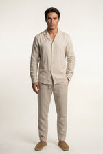 Men's Co-ord Set with Long Sleeve Shirt and Trousers - Beige