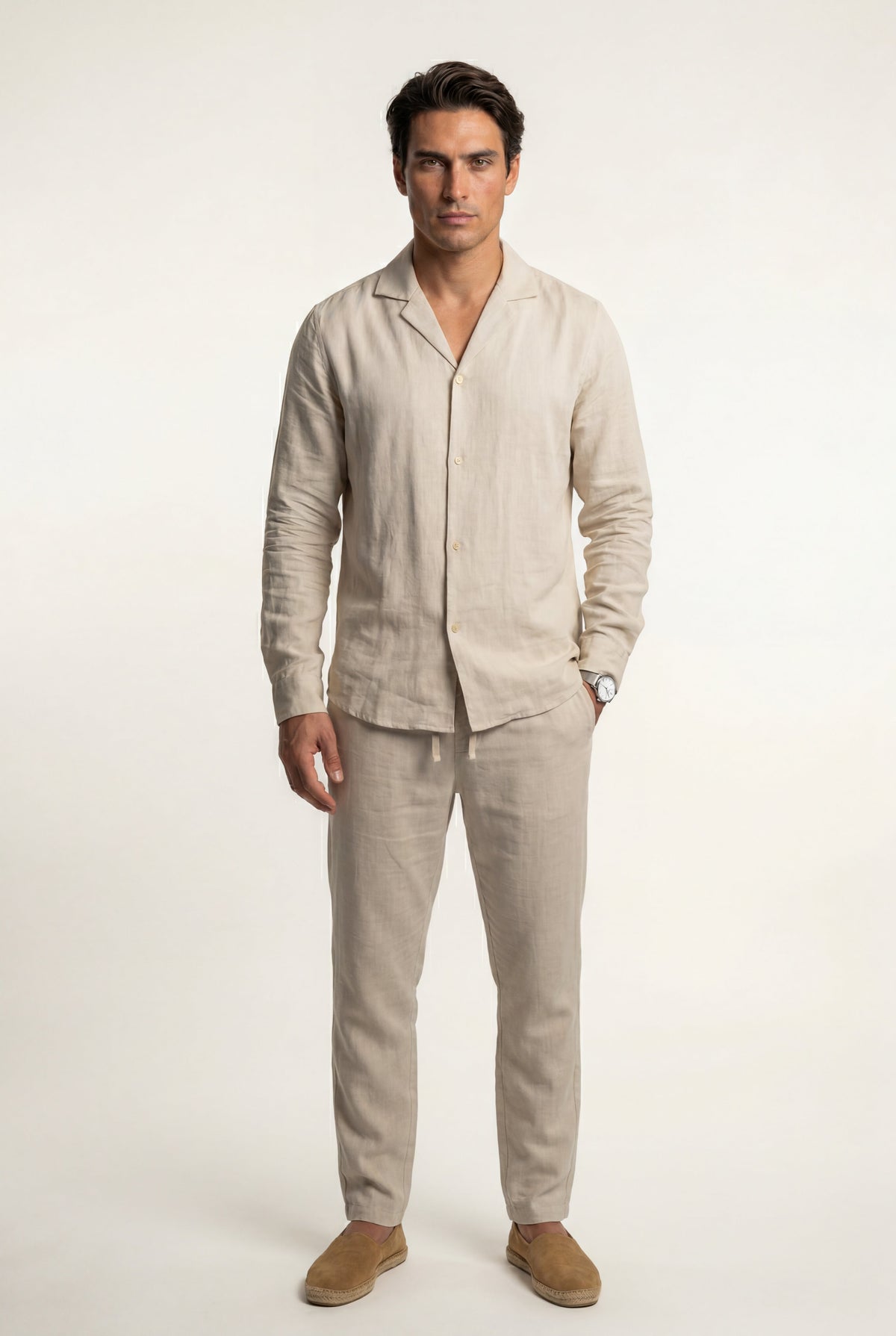Men's Co-ord Set with Long Sleeve Shirt and Trousers - Beige