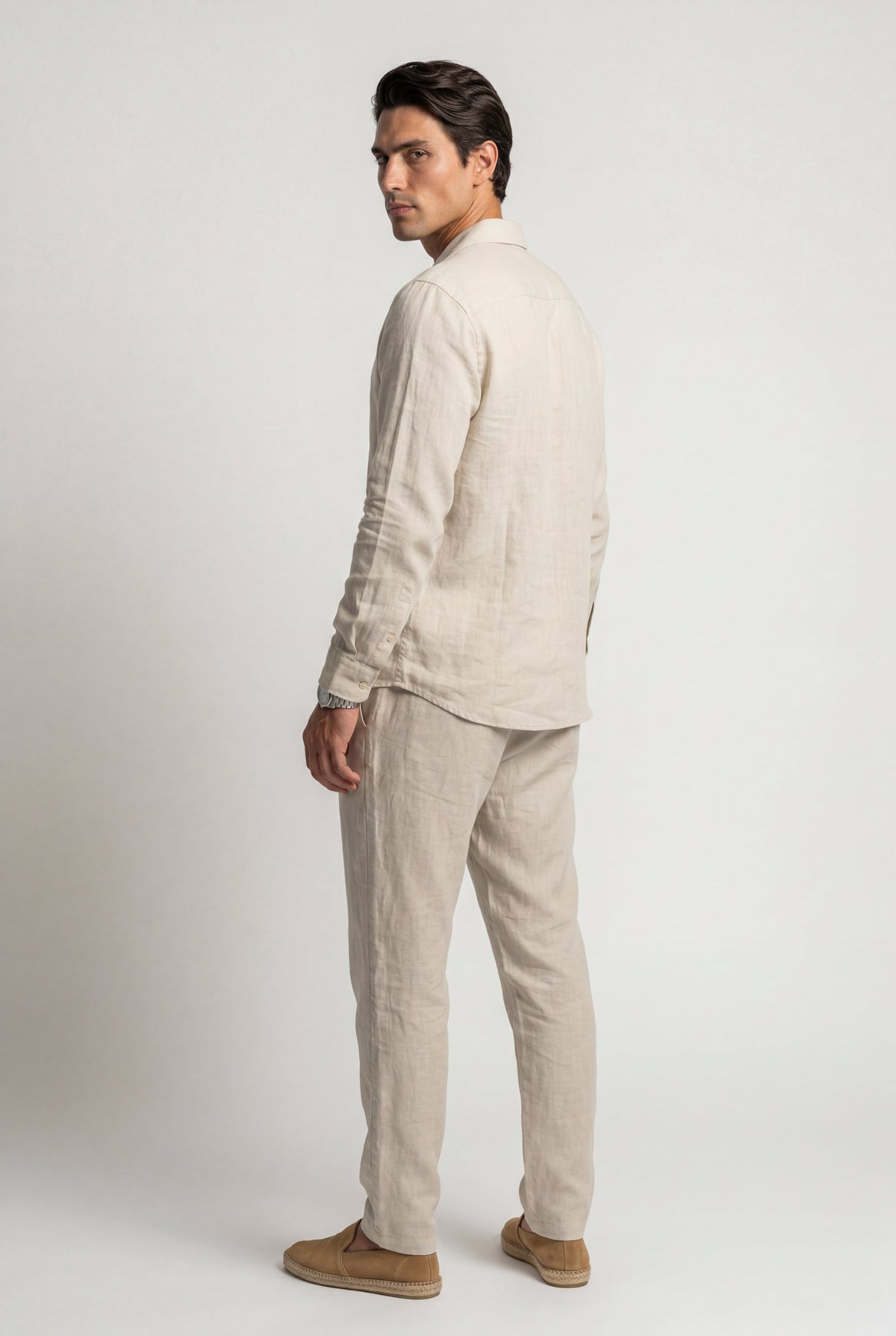 Men's Co-ord Set with Long Sleeve Shirt and Trousers - Beige