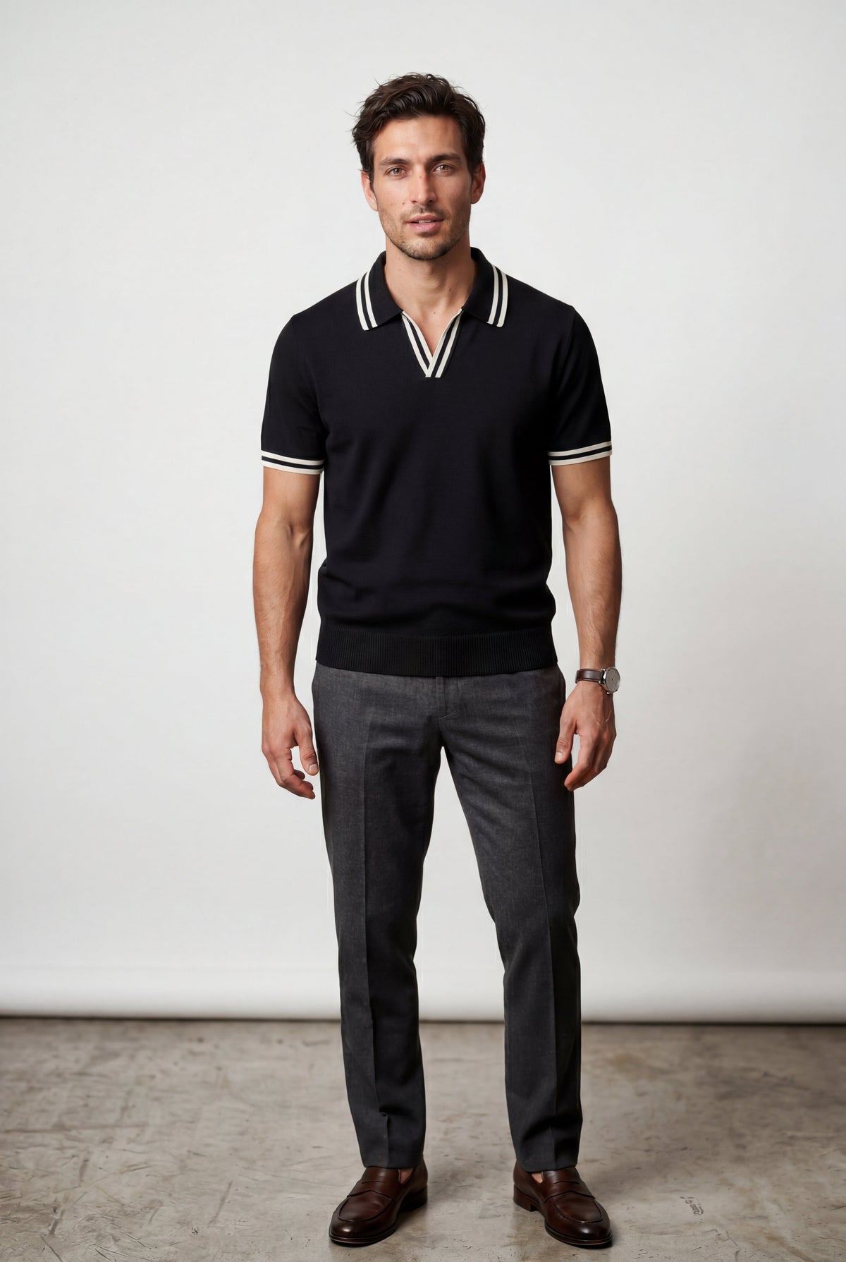 Men's Open Collar Polo Shirt with Contrast Trim