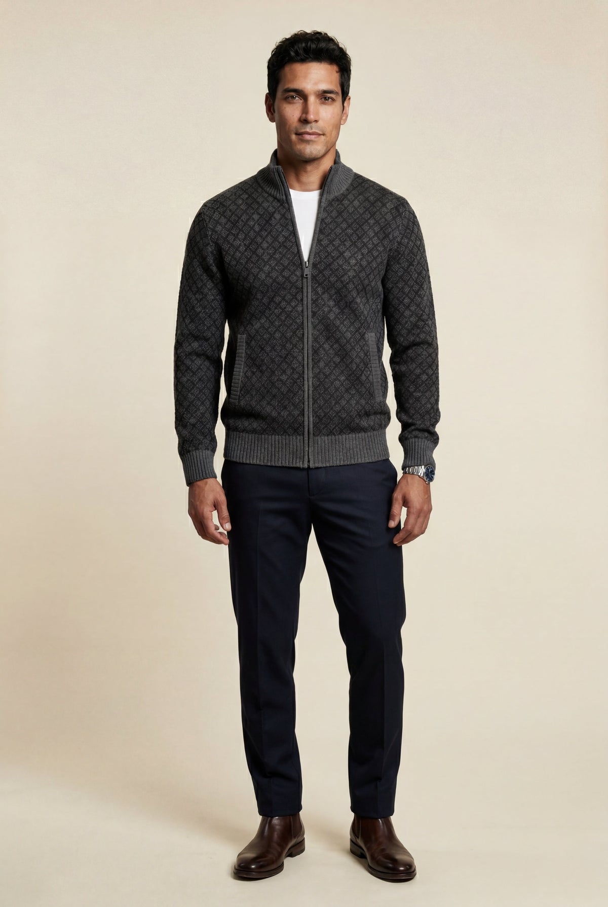 Men's Zip Up Cardigan with Diamond Knit Pattern