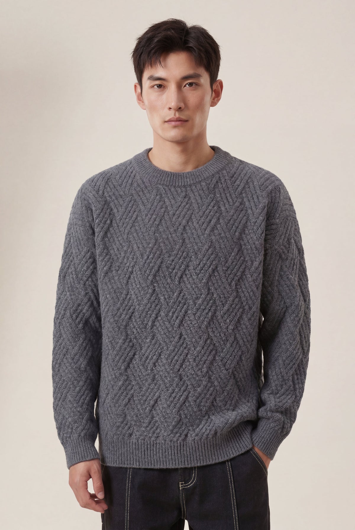 Men's Cable Knit Crew Neck Jumper with Geometric Pattern