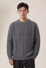 Men's Cable Knit Crew Neck Jumper with Geometric Pattern