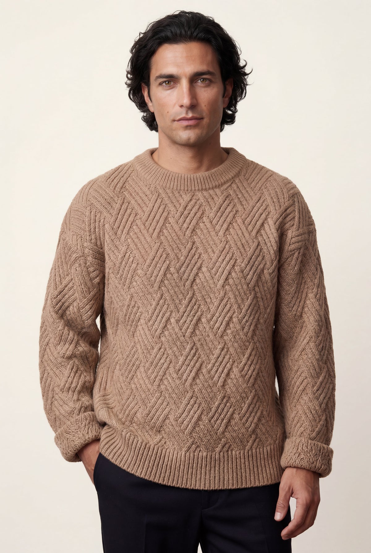 Men's Cable Knit Crew Neck Jumper with Geometric Pattern