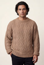 Men's Cable Knit Crew Neck Jumper with Geometric Pattern