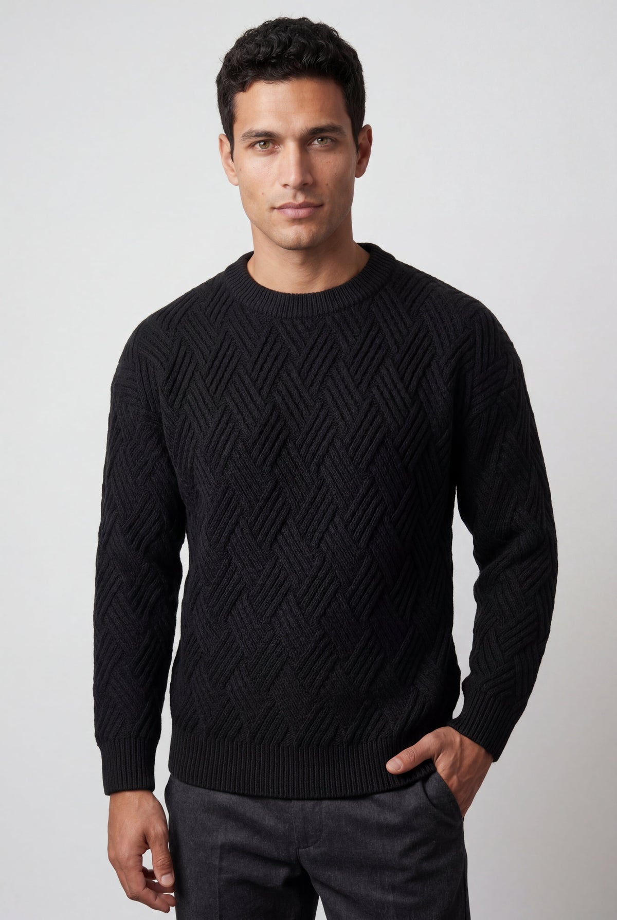Men's Cable Knit Crew Neck Jumper with Geometric Pattern