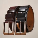 Men's Formal Belt with Rectangular Buckle and Stitched Edges