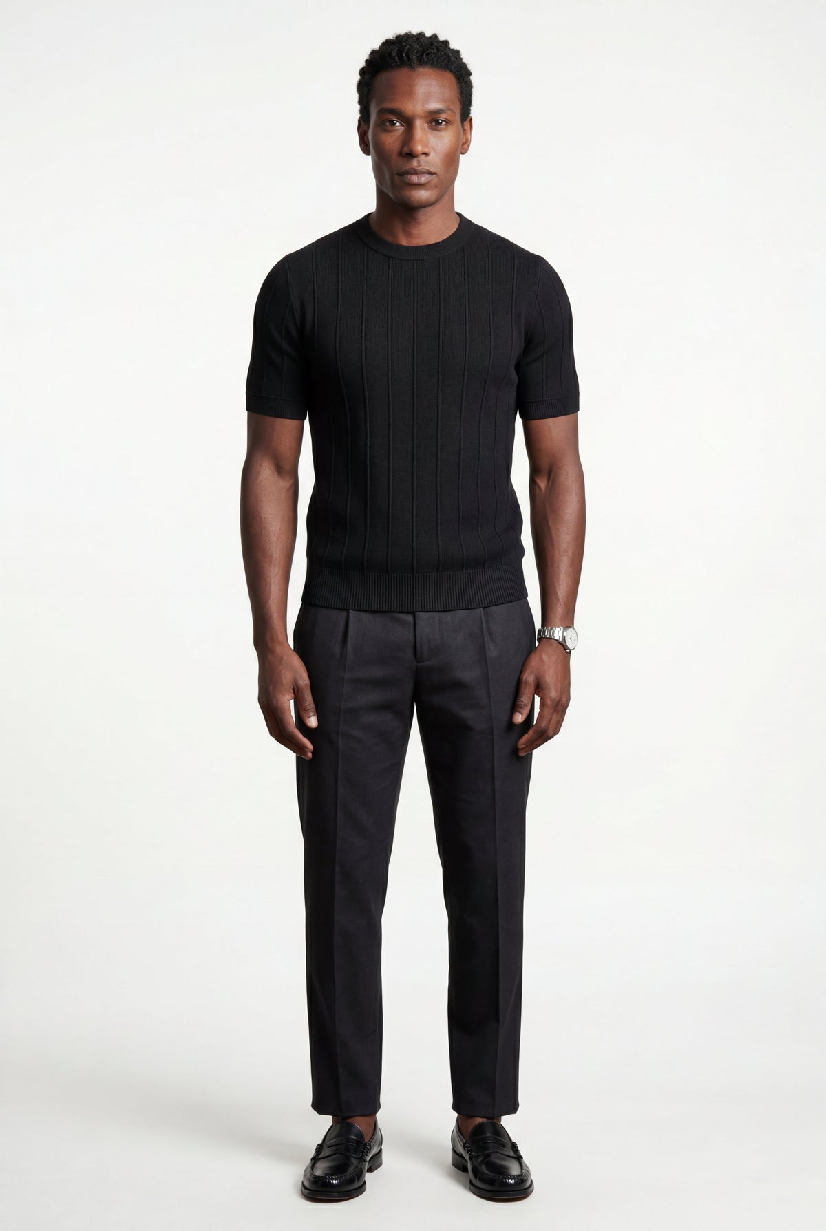 Men's Knitted T-Shirt with Crew Neck and Textured Finish