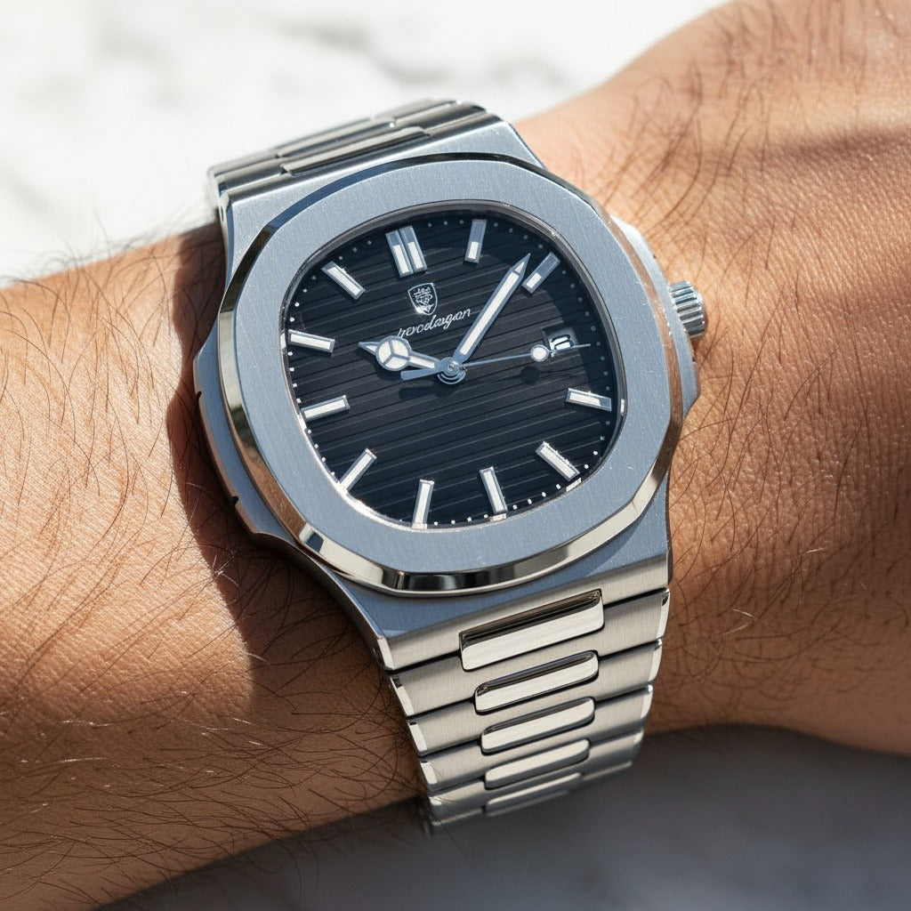 Men’s Stainless Steel Quartz Watch with Black Textured Dial