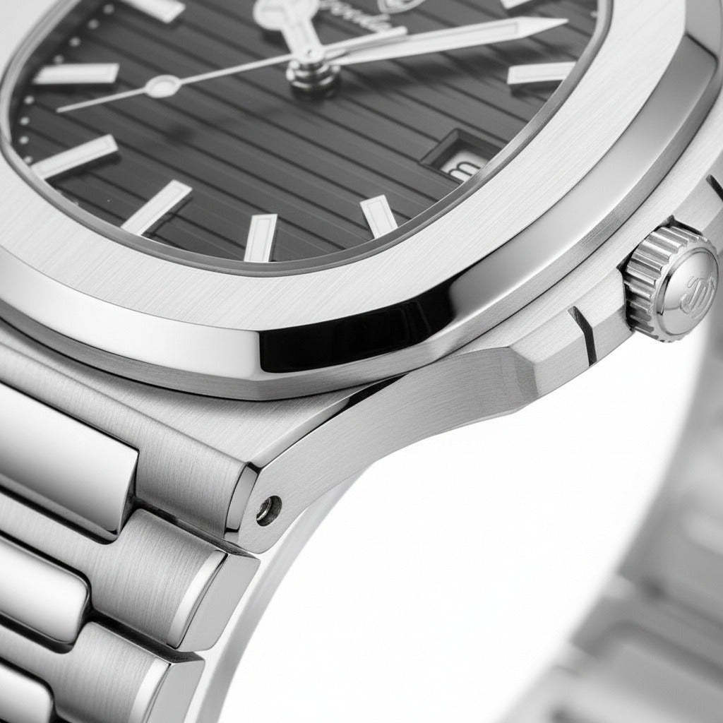 Men’s Stainless Steel Quartz Watch with Black Textured Dial