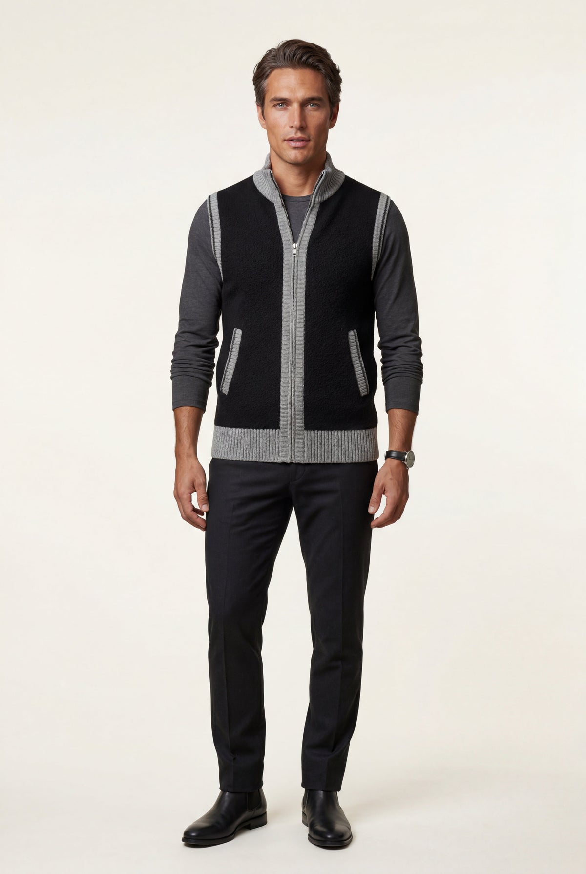 Men's Knitted Gilet with Zip and Colour Block Design