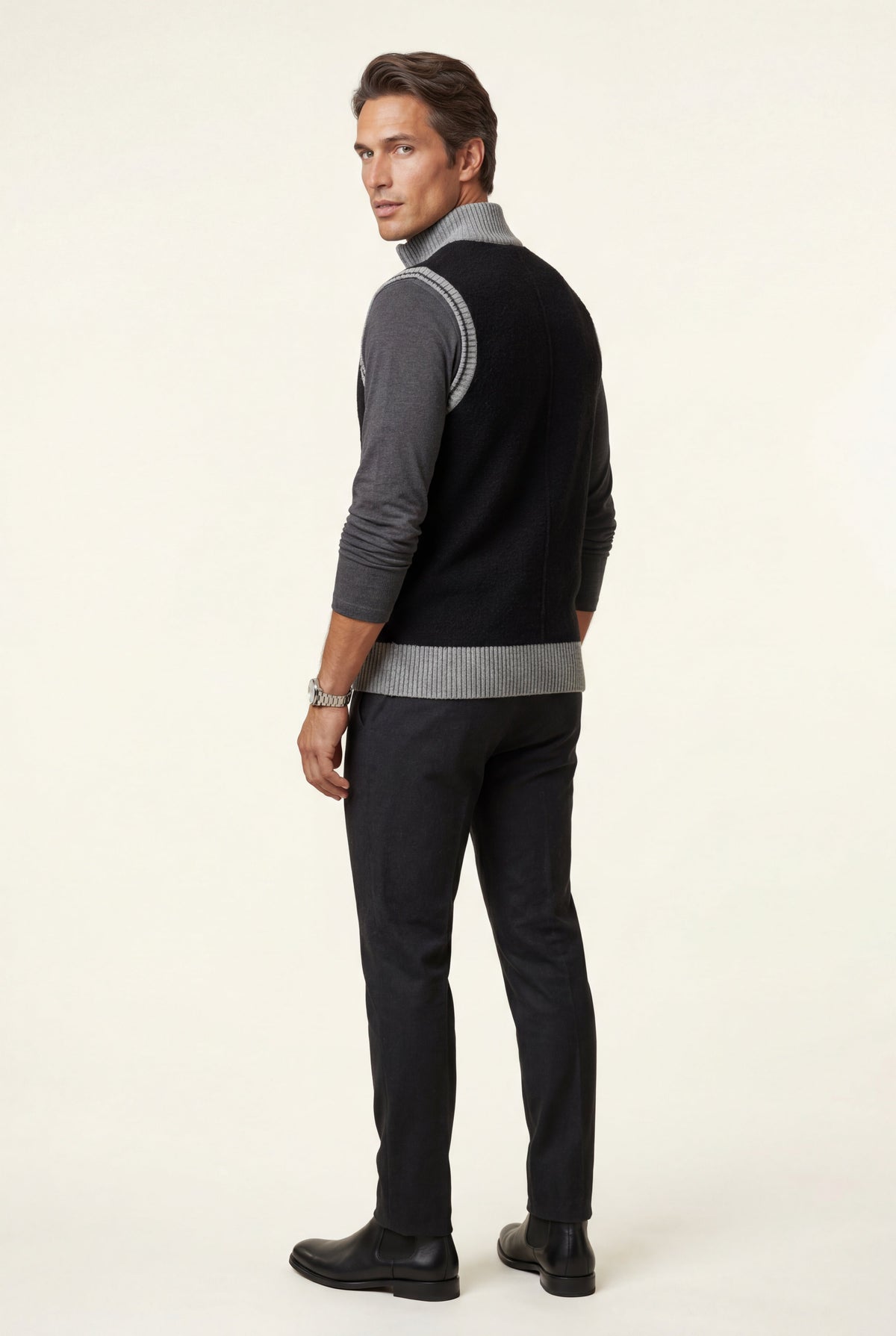Men's Knitted Gilet with Zip and Colour Block Design