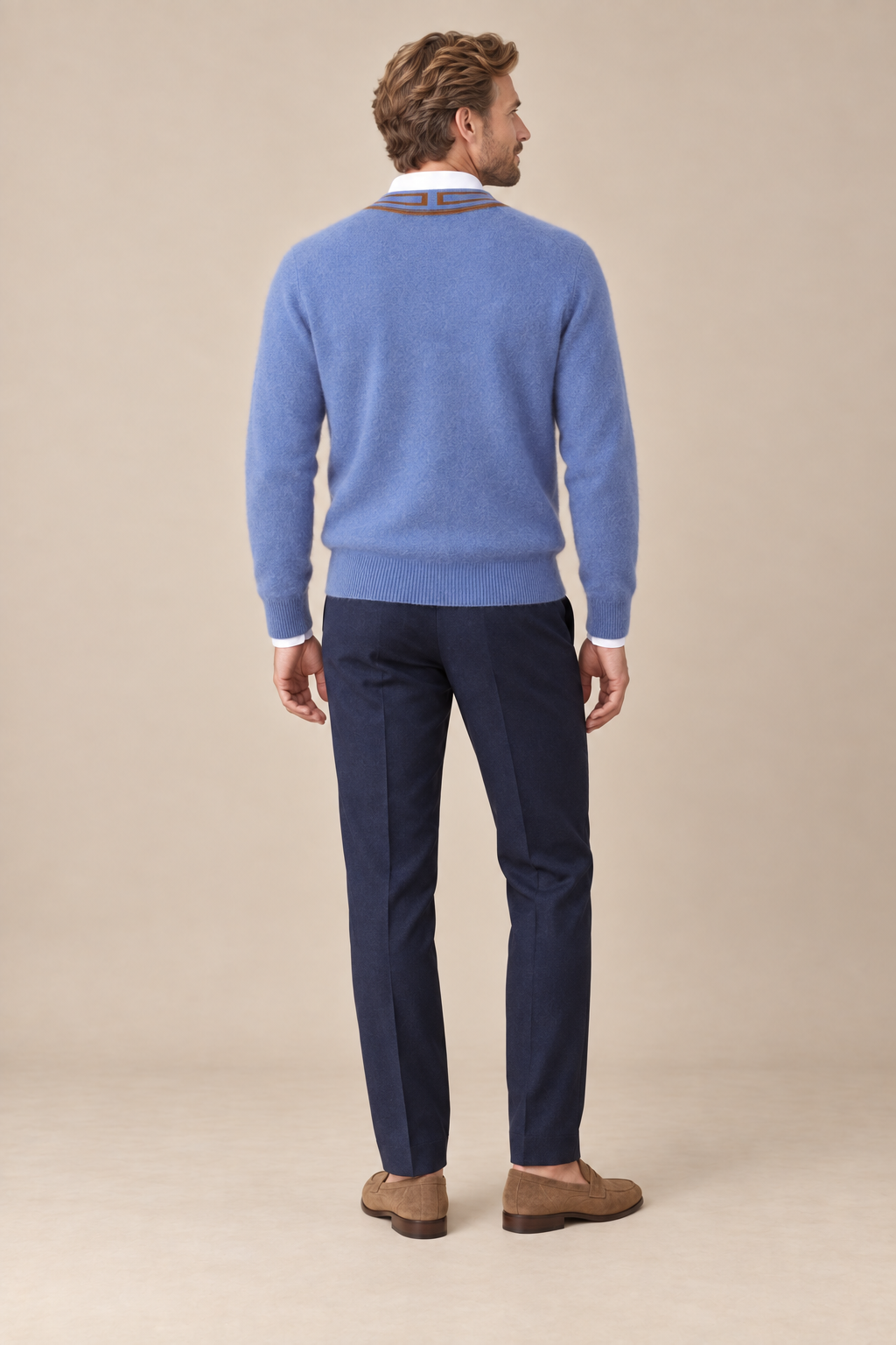 Men’s 100% Cashmere V-Neck Jumper with Contrast Trim