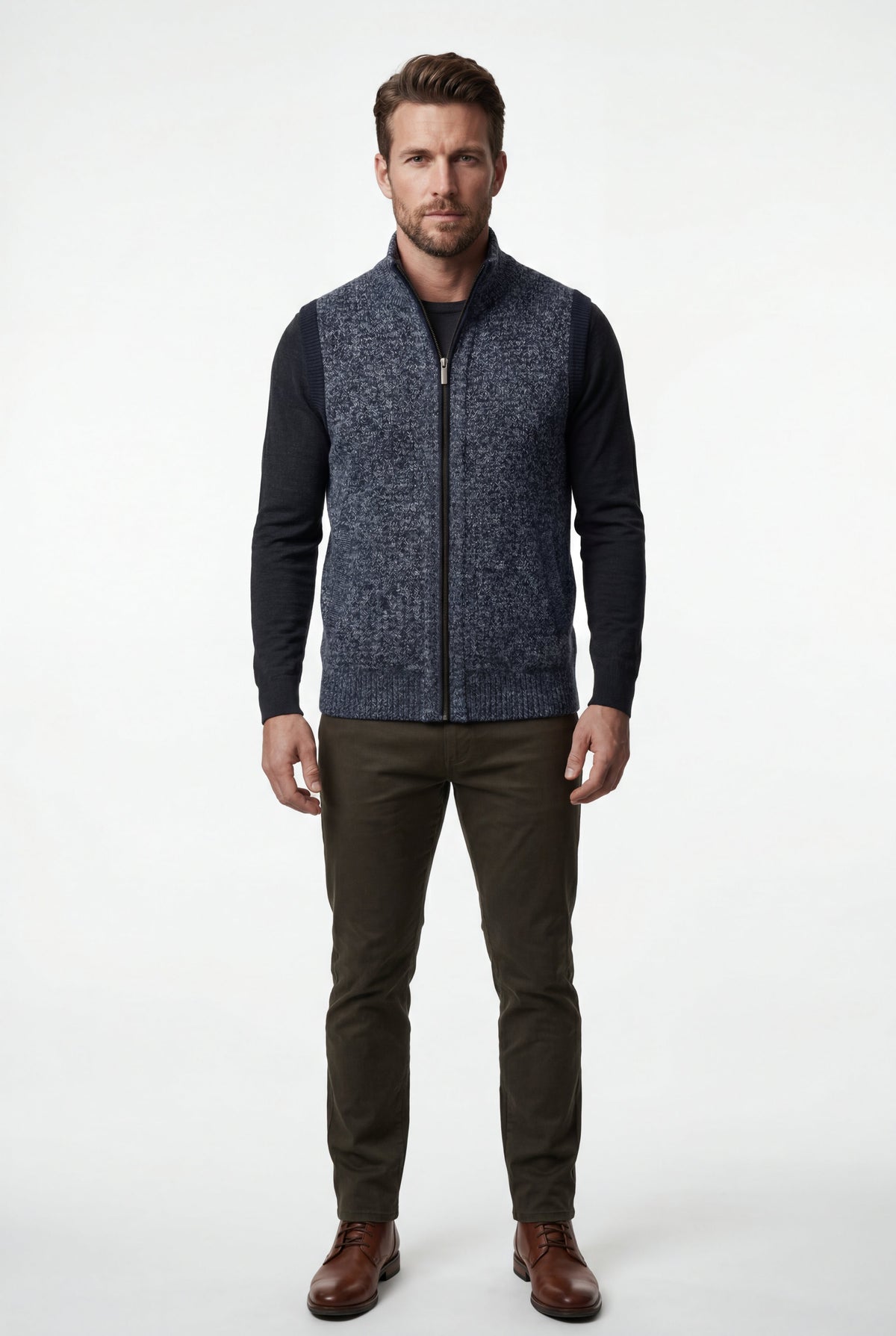 Men's Knitted Gilet with Zip and Colour Block Design