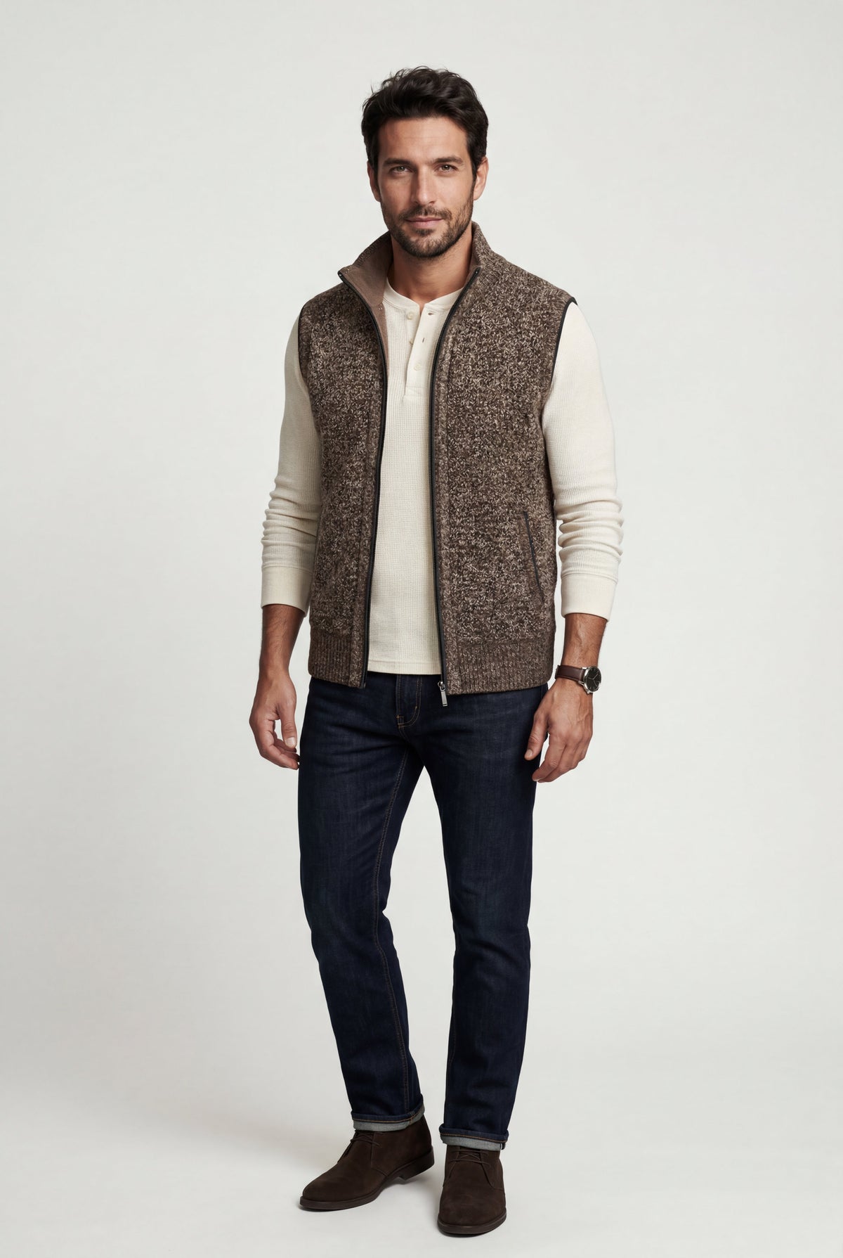 Men's Knitted Gilet with Zip and Colour Block Design